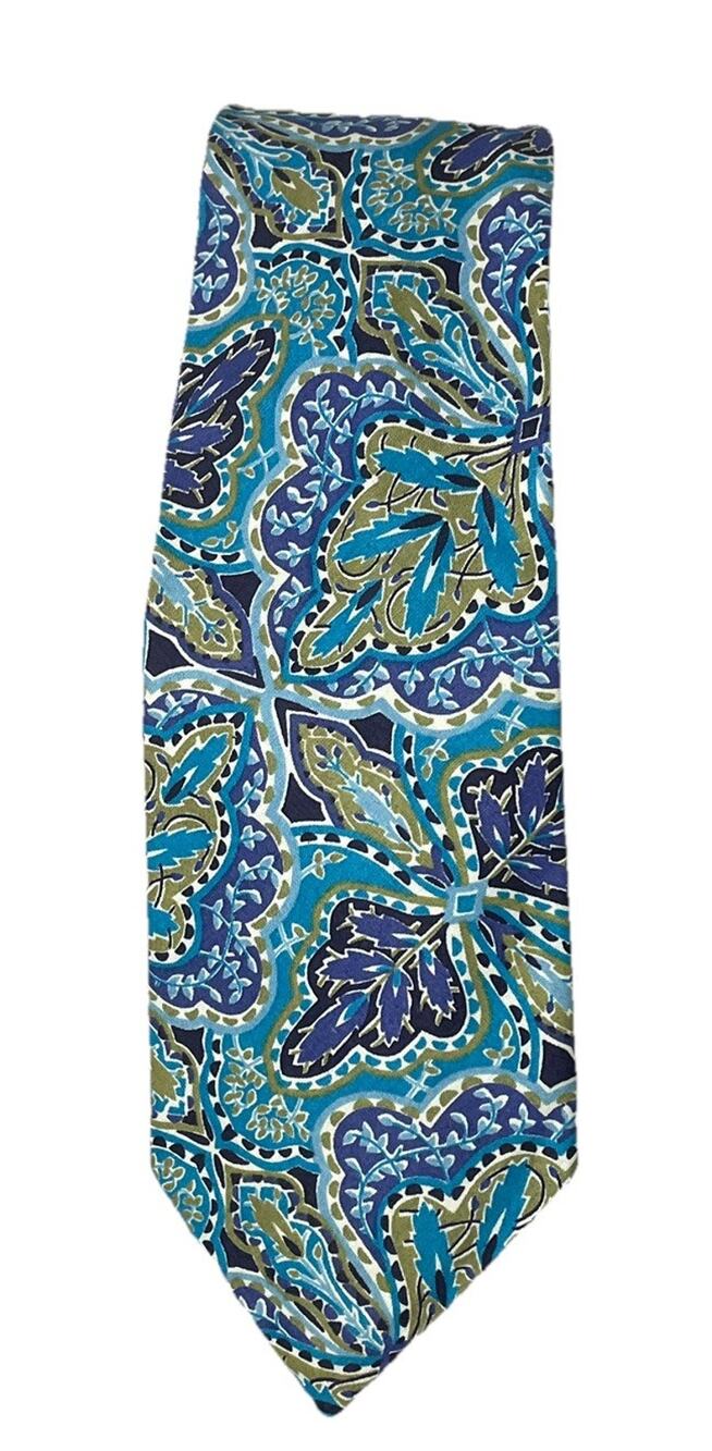 Liberty Of London Floral Mens Tie Cotton 80s 90s Vintage Blue Paisley Leaf Fine